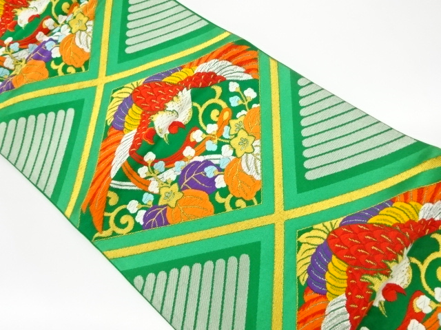 菱に鳳凰・桐唐草模様織出し袋帯